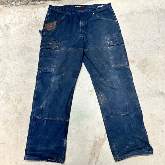 Wrangler Riggs Workwear Carpenter Pants Blue Denim 36x32 Distressed - Picture 1 of 11